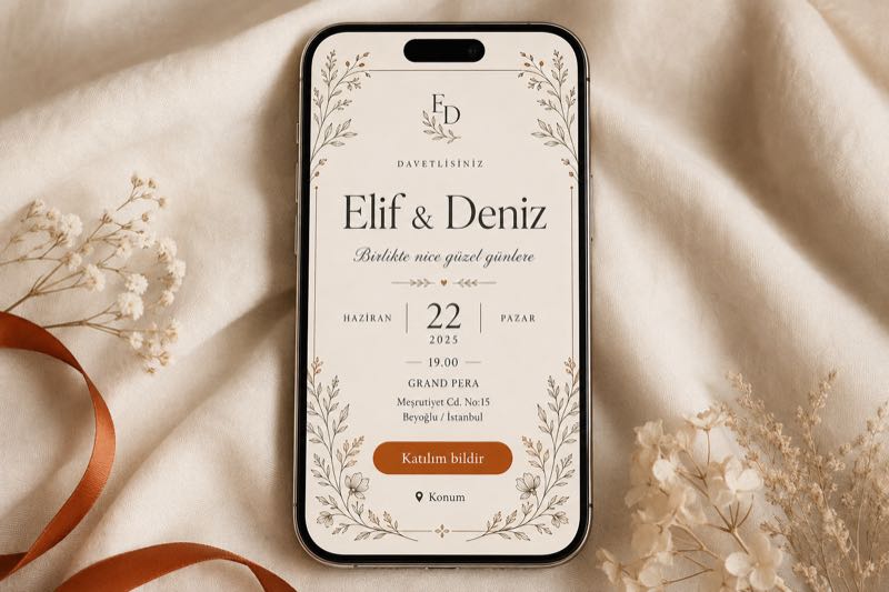 Elif ve Deniz isimleriyle hazırlanmış temsili dijital davetiye mockupı