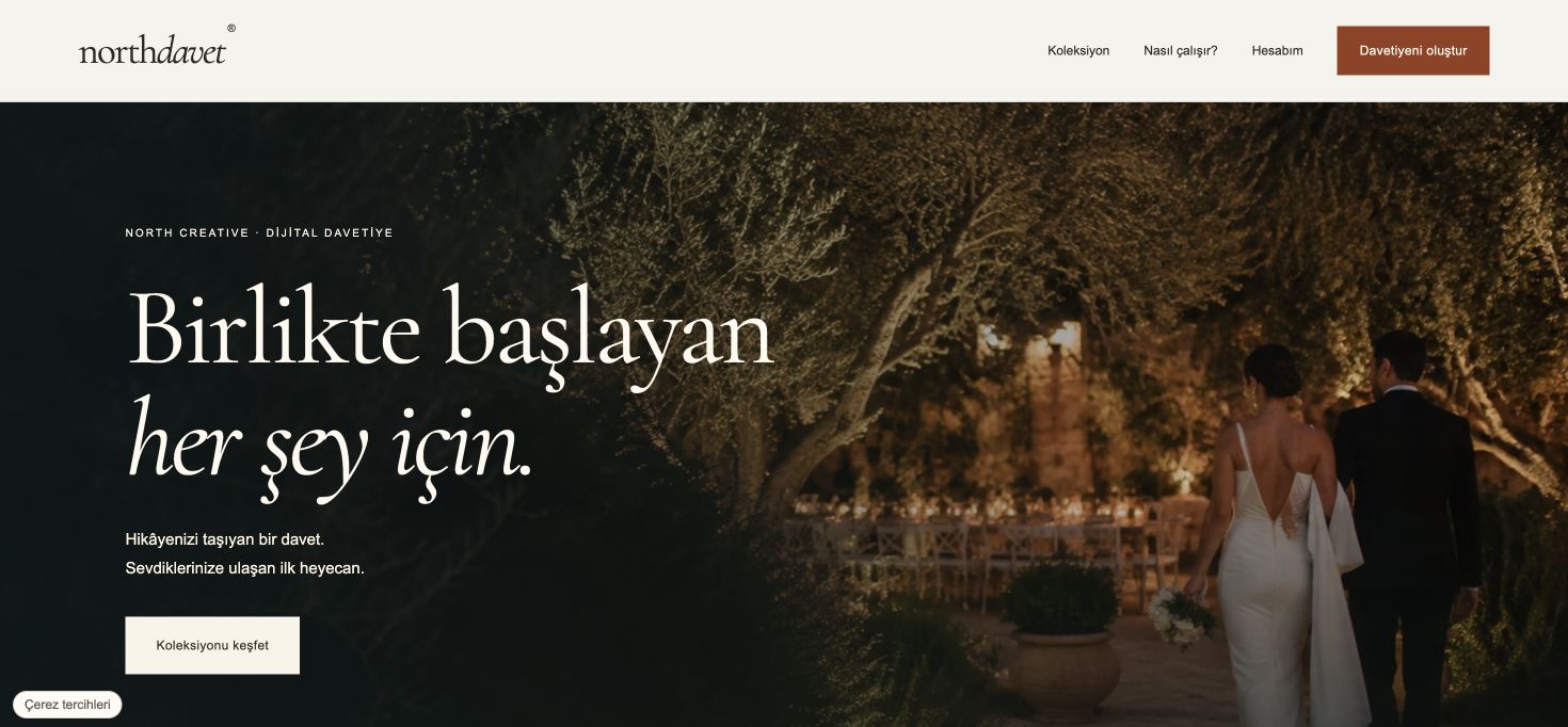 North Davet web sitesinin düğün görseli ve Birlikte başlayan her şey için başlıklı ana sayfası