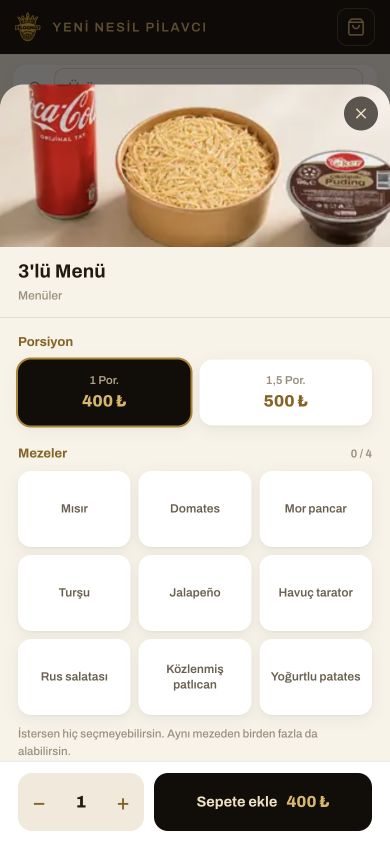 Pi Lounge ürün detayı, porsiyon ve ek seçenekler ekranı