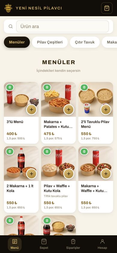 Pi Lounge mobil menü ve kategori ekranı