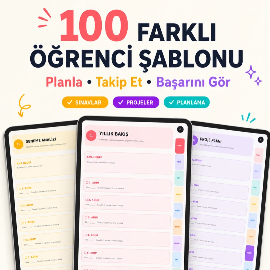 100 Şablonlu Hiperlinkli Dijital Öğrenci Ajandası