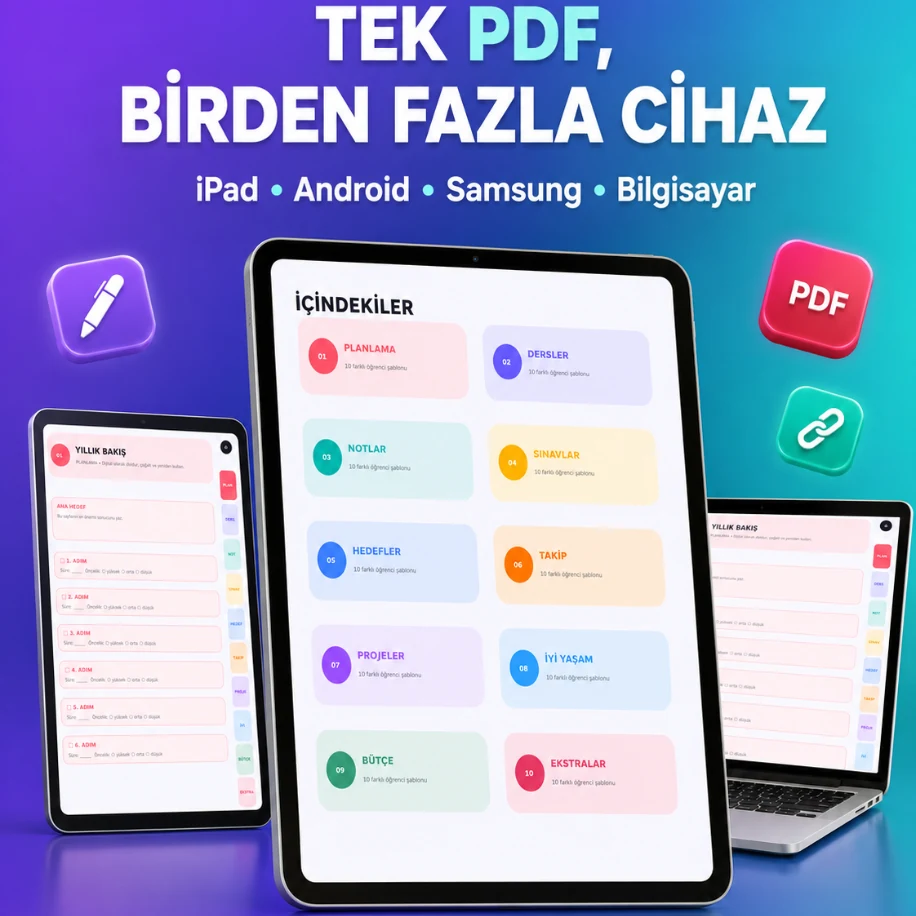 100 Şablonlu Hiperlinkli Dijital Öğrenci Ajandası