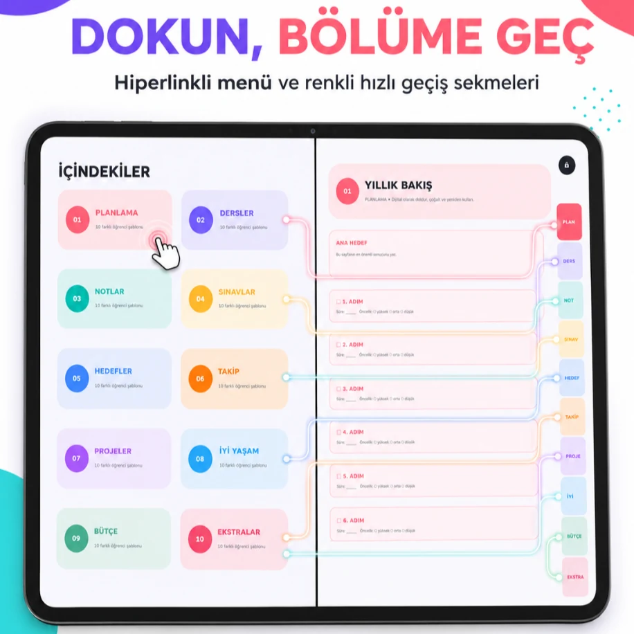 100 Şablonlu Hiperlinkli Dijital Öğrenci Ajandası