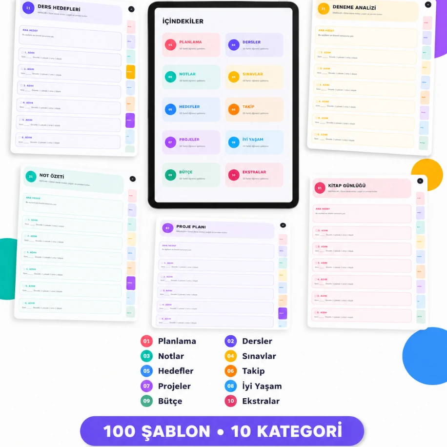 100 Şablonlu Hiperlinkli Dijital Öğrenci Ajandası